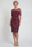 Vestido Midi Borgonha Brilhante com Aplicações e Lantejoulas para Mãe da Noiva