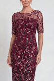 Vestido Midi Borgonha Brilhante com Aplicações e Lantejoulas para Mãe da Noiva