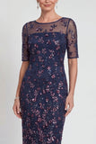 Vestido Midi Borgonha Brilhante com Aplicações e Lantejoulas para Mãe da Noiva
