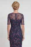 Vestido Midi Borgonha Brilhante com Aplicações e Lantejoulas para Mãe da Noiva