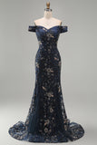 Vestido de Mãe da Noiva Azul Negro com Missangas Florais Despenteado
