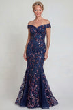 Vestido Comprido Marinha Brilhante com Ombros a Ombro para a Mãe da Noiva