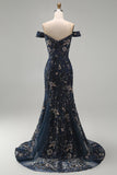 Vestido de Mãe da Noiva Azul Negro com Missangas Florais Despenteado