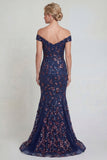 Vestido Comprido Marinha Brilhante com Ombros a Ombro para a Mãe da Noiva