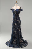 Vestido de Mãe da Noiva Azul Negro com Missangas Florais Despenteado