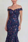 Vestido Comprido Marinha Brilhante com Ombros a Ombro para a Mãe da Noiva
