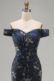 Vestido de Mãe da Noiva Azul Negro com Missangas Florais Despenteado