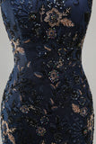 Vestido de Mãe da Noiva Azul Negro com Missangas Florais Despenteado