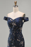 Vestido de Mãe da Noiva Azul Negro com Missangas Florais Despenteado