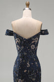 Vestido de Mãe da Noiva Azul Negro com Missangas Florais Despenteado