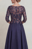 Vestido Comprido Marinha com Aplicações Brilhantes e Mangas para a Mãe da Noiva