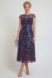 Vestido Midi Marinha Brilhante com Aplicações e Lantejoulas para a Mãe da Noiva