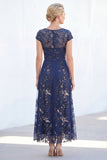 Vestido Midi Marinha Brilhante com Aplicações e Lantejoulas para a Mãe da Noiva