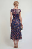 Vestido Midi Marinha Brilhante com Aplicações e Lantejoulas para a Mãe da Noiva