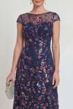 Vestido Midi Marinha Brilhante com Aplicações e Lantejoulas para a Mãe da Noiva