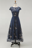 Vestido Midi Marinha Brilhante com Aplicações e Lantejoulas para a Mãe da Noiva