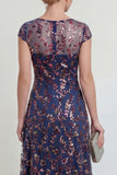 Vestido Midi Marinha Brilhante com Aplicações e Lantejoulas para a Mãe da Noiva