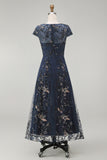 Vestido Midi Marinha Brilhante com Aplicações e Lantejoulas para a Mãe da Noiva