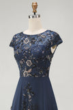 Vestido Midi Marinha Brilhante com Aplicações e Lantejoulas para a Mãe da Noiva