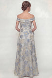 Vestido de Mãe da Noiva Azul Poeirento: Linha A Floral Fora do Ombro