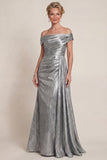 Vestido de Mãe da Noiva em Cinzento Prateado Prateado Franzido