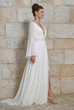 Vestido de Noiva Comprido Evasé com Decote em V e Racha cor Marfim