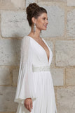 Vestido de Noiva Comprido Evasé com Decote em V e Racha cor Marfim