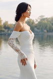 Vestido de Noiva de Cauda de Sereia de Cetim de Marfim com Mangas