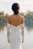 Vestido de Noiva de Cauda de Sereia de Cetim de Marfim com Mangas