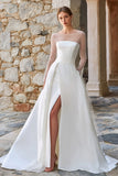 Vestido de Noiva Cauda Varrida Simples em Marfim com Linha-A e com Racha