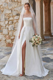 Vestido de Noiva Cauda Varrida Simples em Marfim com Linha-A e com Racha