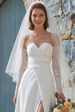 Vestido de Noiva Comprido Sem Alças em Chiffon Marfim com Racha