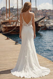 Vestido de Noiva Longo Longo com Fita de Renda em Linha A em Marfim