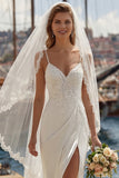 Vestido de Noiva Longo Longo com Fita de Renda em Linha A em Marfim