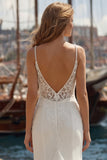 Vestido de Noiva Longo Longo com Fita de Renda em Linha A em Marfim