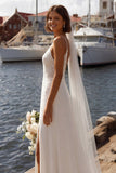 Vestido de Noiva Cauda Curta Marfim com Alças Finas Aplicações e Racha