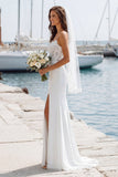 Vestido de Noiva Longo Sereia Marfim com Apliques e Racha