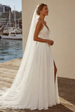 Vestido de Noiva Longo de Praia com Alças Finas em Marfim e Apliques