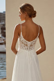 Vestido de Noiva Longo de Praia com Alças Finas em Marfim e Apliques