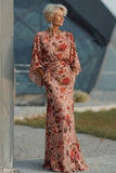 Vestido Longo Sereia Rosa-pó com Decote Canoa Floral para Mãe da Noiva