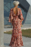 Vestido Longo Sereia Rosa-pó com Decote Canoa Floral para Mãe da Noiva