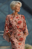Vestido Longo Sereia Rosa-pó com Decote Canoa Floral para Mãe da Noiva