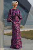 Vestido Longo Sereia Floral Fúcsia para Mãe da Noiva com Mangas