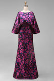 Vestido Longo Sereia Floral Fúcsia para Mãe da Noiva com Mangas