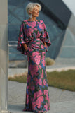 Vestido Longo Sereia Floral Fúcsia para Mãe da Noiva com Mangas