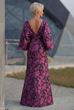 Vestido Longo Sereia Floral Fúcsia para Mãe da Noiva com Mangas