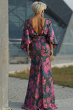 Vestido Longo Sereia Floral Fúcsia para Mãe da Noiva com Mangas