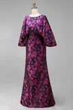 Vestido Longo Sereia Floral Fúcsia para Mãe da Noiva com Mangas