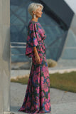 Vestido Longo Sereia Floral Fúcsia para Mãe da Noiva com Mangas