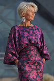 Vestido Longo Sereia Floral Fúcsia para Mãe da Noiva com Mangas